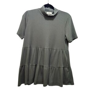 Entro Mock Neck Ribbed Olive Green Tiered Babydoll Top Size L